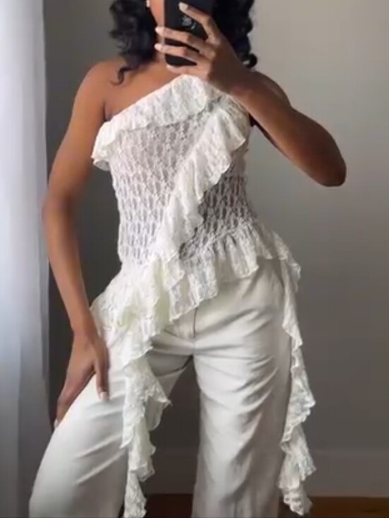Zara Tops - Zara Lace Asymmetric Ruffled Stretchy Top White M NWT